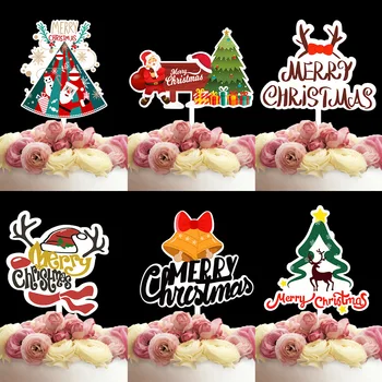 Tortu Karty Vianočné Cartoon Anglický Akryl Farebná Tlač Santa Claus Strom Strany Cake Decoration Vlajka