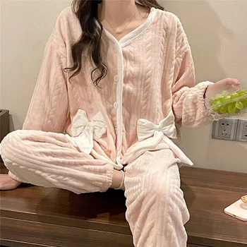 Kórea Štýl Ženy Pyžamo Nastaviť Elegantné Ružové V Krku Flanelové Pyžamo Zime Teplo Domova Handričkou Dámy Princezná Sleepwear Kimono Pijama