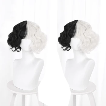 Nový film Cruella Parochňu Krátke Parochne pre Halloween Cosplay Ženy Čierna Biela Syntetické Vlasy Parochňa Čarodejnice Krátke kučeravé vlasy, Dva-farba 1Pc
