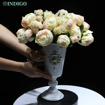 1 Sada (27 KS Pivónia + Váza) Pivónia Bonsai Rose Domáce Dekorácie, Svadobné, Umelé Ružový Kvet Prípade Strany Displej - INDIGO
