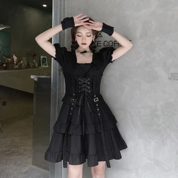 Japonské Ženy Black Gothic Lolita Šaty Viktoriánskej Renesancie Retro Chic Punk Štýl Lístkového Rukáv Obväz Mini Šaty Girl Šaty