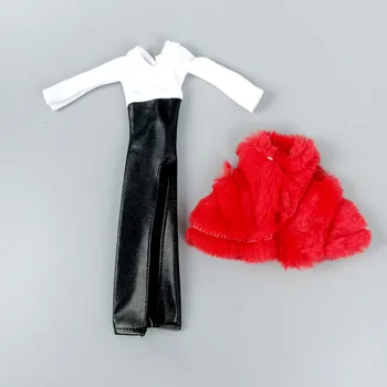 Lady White Black Dlhý Rukáv Šaty & Red Kožušinový Kabát Pre Bábiky Barbie Oblečenie, Oblečenie Pre 1/6 BJD Bábika Príslušenstvo Deti Hračky