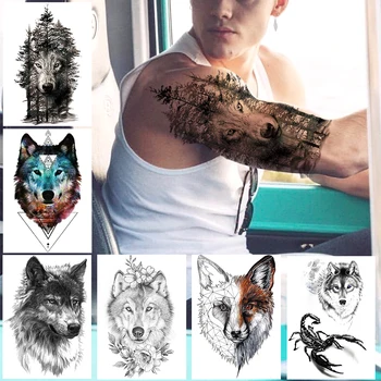 Nočný Les Vlkolak Tetovanie Pre Mužov, Ženy DIY Realistické Dočasné Tetovanie Geometrické Falošné Vlk Scorpion Tetovanie Papierové Nálepky