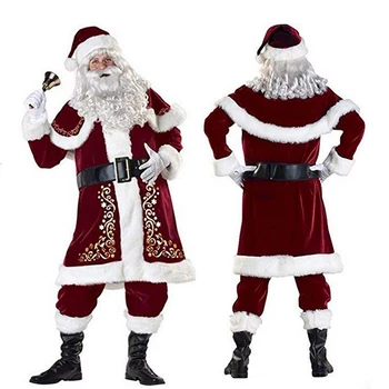Nové Módne Santa Claus Vyhovovali Muž Dospelých Cosplay Vianočný Kostým Červená Deluxe Zamatová Chuť 8 Ks Nastaviť Xmas Party Rodiny Kostým