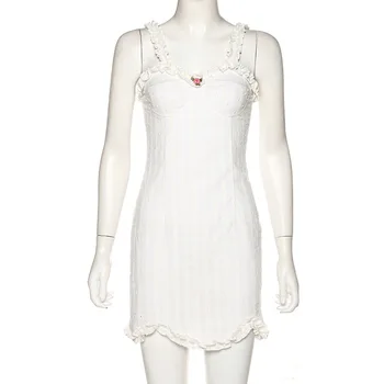 2021 Nové Elegantné Biele bez Rukávov Šatka Frill Maiden Vietor Mini Šaty Romatic Lomka Krku Taška Hip Šaty pre Ženy Dovolenku Oblečenie