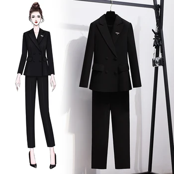 Office Lady Práce Formálne Business Nohavice Vyhovovali Vysoko Kvalitné Ženy Luxusné Sako Oblečenie Bunda Čierna Biela Dvoch Kus Plus Veľkosť
