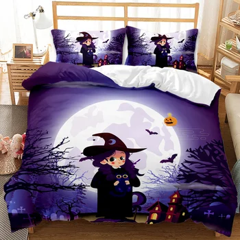 3D Happy Halloween Party posteľná bielizeň Set Roztomilé Čarodejnice Tekvica Bat Perinu Nastaviť Deti Posteľ, Deky Fialová Obliečky Dieťa bytový Textil