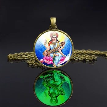 1pc Svetelný Lakshmi Bohyne Boh Ganesh Bronz Náhrdelník Žiariace Hinduizmus Sklo Cabochon Šperky, Prívesok Amulet Darček