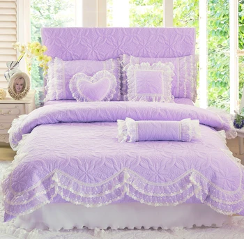 Bavlna Hrubé Prešívaný čipky posteľná bielizeň nastaviť Kráľ, kráľovná Twin size set Princezná kórejské Dievčatá Biela Ružová Posteľ sukne nastaviť 28